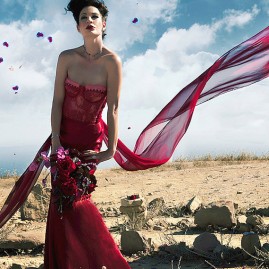 Red wedding dresses are in. This one is made from Hemp silk satin, with Crystal beading & silk chiffon