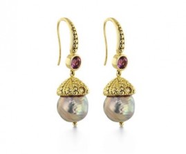 By Ocean lover and activist Susan Rockefeller.      14K Yellow Gold      Detailed (ear wire) with pink tourmaline     Natural color Ming freshwater cultured pearl sits beneath each sea urchin cap.